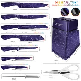 Knife Block Set,15 Pcs Kitchen Knives Set With Holder,Professional Japanese Chef Knife Set,Stainless Steel Carving Slicing Paring Bread Knife,Steak Knives,Resin Handle,Purple Color