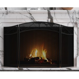 Fire Beauty Fireplace Screen for Wood Burning Fireplace Foldable 3 Panel Wrought Iron Fireplace Cover with Protective Mesh Fire Spark Guard for Indoor Outdoor Flat Guard Fire Screens Black(Middle)