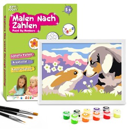 Zimrobin Paint by Numbers for Children - 13 x 18 cm Paint by Numbers Children from 5 6 7 Years Girls and Boys, Creative Gift with Frame, 3 Brushes and Acrylic Paints (Small Dog and Rabbit)