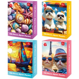 Ciavotie 4-Pack 100 Piece Puzzles for Kids Ages 4-6 6-8 8-10, Shells Sailboat Cats & Dogs Jigsaw Puzzles, Fun & Engaging Kids Puzzle, for Boys and Girls Puzzle Toys as Home Decor