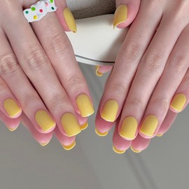 24 Pcs Yellow Solid Press on Nails - Christmas Nails, Square, Extra Short, Fake