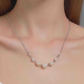 Yheakne Boho Pearl Choker Necklace Silver Station Pearl Necklace Pearl Beads Chain Necklace Floating Pearl Collar Necklace Wedding Pearl Necklace Jewelry for Women
