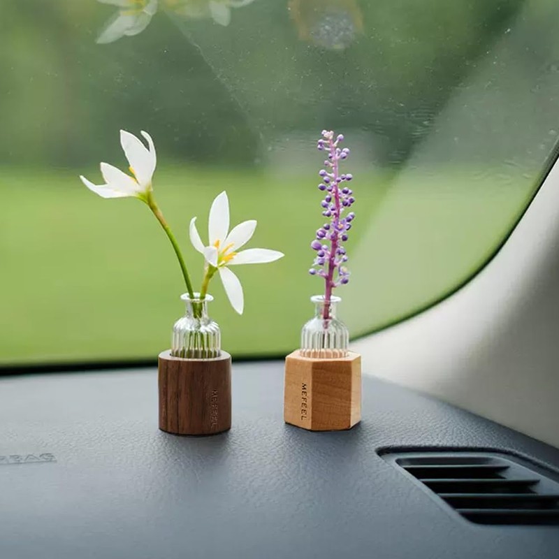 WAYUTO Self-Adhesive Glass Vase with Walnut Stand Removable Car Plant