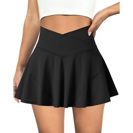 COPYLEAF Tennis Skirt for Women High Waisted Golf Skirts with Pockets Shorts Crossover Athletic Pleated Skorts Skirts(Black L)