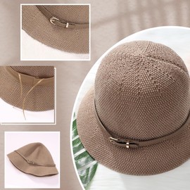 JAZTAKU Bamboo Khaki Mesh Woven Foldable Packable, Polyster Crochet Bucket Hat with Leather blet