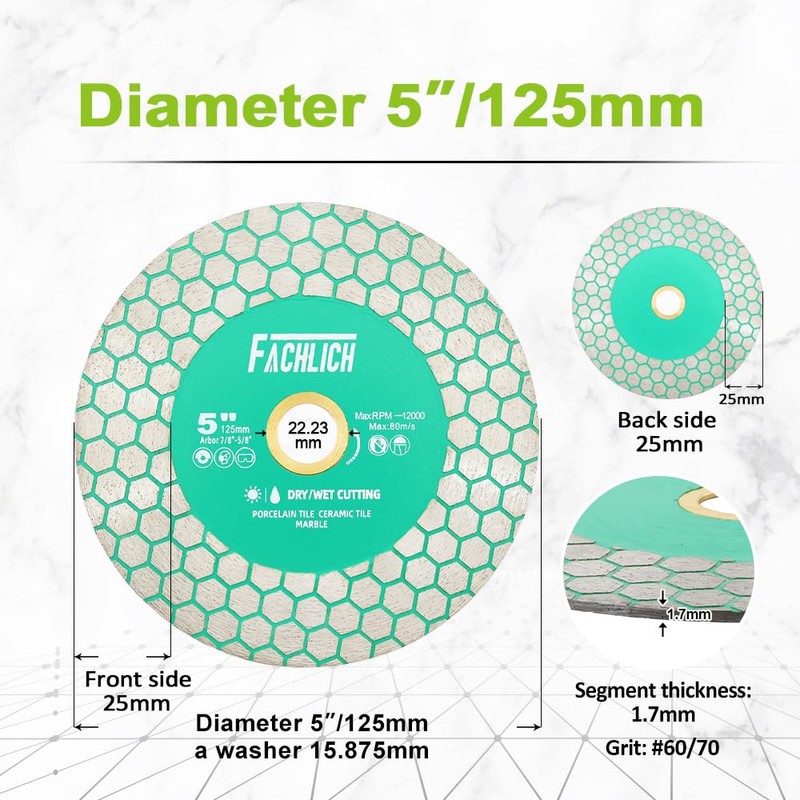 FACHLICH Diamond Tile Blade 5" 125mm for Cutting and Grinding