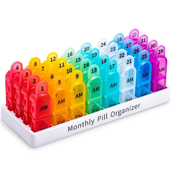 Pill Organizer Monthly 2 Times a Day - AM PM Large One Month Pills Organizer, BPA-Free 30 Day Pills Box Container Cases, Morning and Night Pill Boxes with Unique Handle Design Hold Vitamin, Medicine
