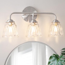 Daunton Vintage 3-Light Vanity Lighting for Bathroom, Elegant Bathroom Vanity Light with Flower Glass Shade, Nickel Bathroom Lighting Fixture Over Mirror, Wall Sconce Lighting for Bedroom Living Room
