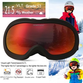 OUTDOOR SPARTA Kids Ski Goggles, Kids Snowboarding Goggles for Boys Girls Toddler Age 3-14 with 100% UV Protection (7. Black Frame, Full Lens Mirrored Red)