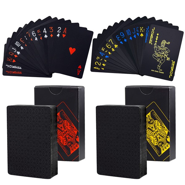 2 Decks Cool Playing Cards Waterproof Poker Cards, Black Gold Foil Poker Playing Cards with Box, Classic Magic Tricks Tool - Super Waterproof PVC Cards for Card Players Family Party Game