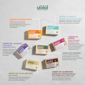 Uiixol Kit de 7 Jabones Artesanales en Barra con Aromaterapia Jabón Corporal Natural con Lavanda, Menta, Romero, Mandarina, Rosas, Almendra y Oliva Vegano 100 g c/u