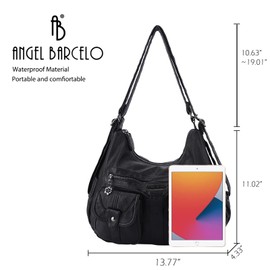 Angel Barcelo Women Multifunctional Soft Leather Handbag Purses Shoulder Hobo Backpack Crossbody Zipper Bag with Pocket (Black)