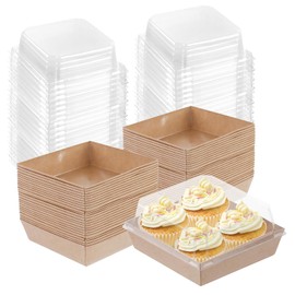 100 Pack Charcuterie Boxes with Clear Lids,5.5"×4.9"×2.4" Disposable Square Food Containers,Dessert Boxes,Paper Bakery Boxes with Cover for Sandwich, Cookies, Sushi, Cake Slice, Strawberries (brown)