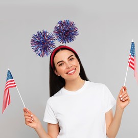 4th of July Headband Patriotic Head Boppers Tassel Ball Hair Band American Festival Headpiece Red White and Blue Ribbon Fourth of July Party Accessories for Independence Day Parades Celebration 1PCS