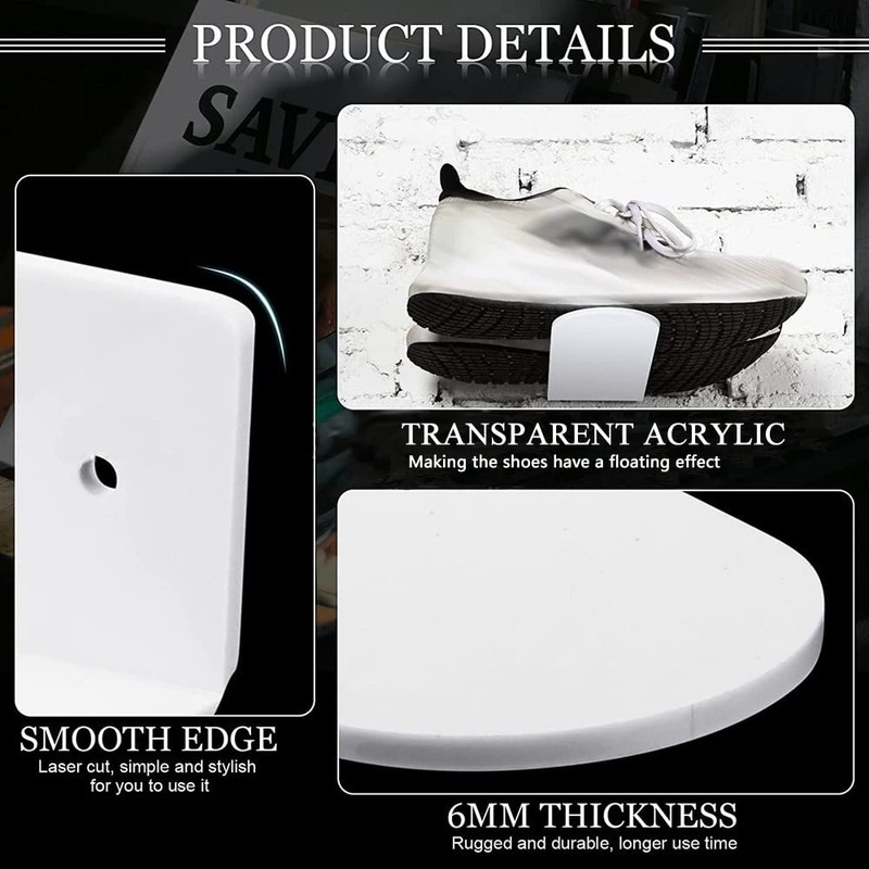 6 Pcs Black Floating Shoe Shelves Transparent Acrylic Wall Mounted