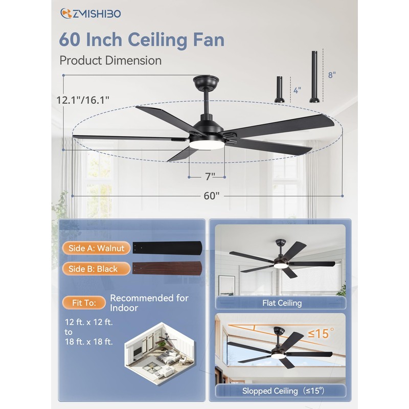 ZMISHIBO 60" Ceiling Fans with Lights, Black Modern Ceiling Fan