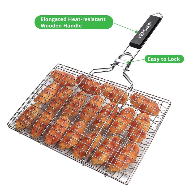 penobon Fish Grilling Basket, Folding Portable Stainless Steel Bbq Grill