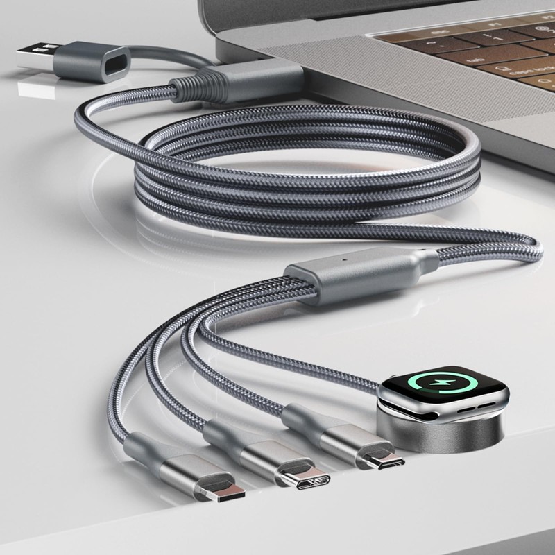 A-Pce 4-in-2 Multi Charging Cable with Smartwatch Charging, Grey-5FT