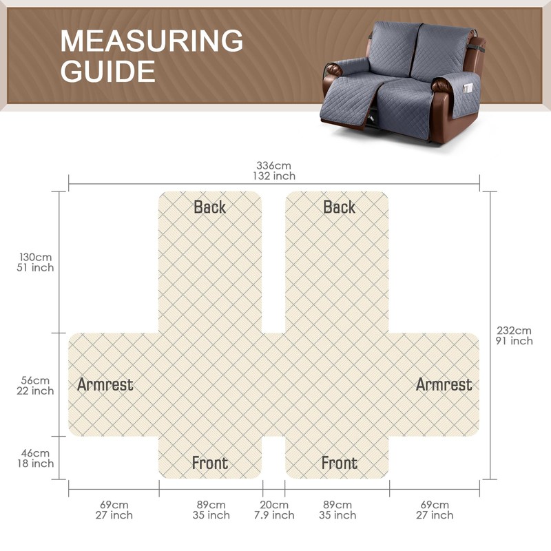 KinCam Waterproof Oversized Loveseat Recliner Cover, Non-Slip Reclining Couch Covers