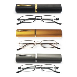 EYE ZOOM 3 Pack Ultra Slim Compact Lightweight Tube Reading Glasses with Portable Clip Aluminum Case, Black, Gold and Gunmetal, Strength +2.75