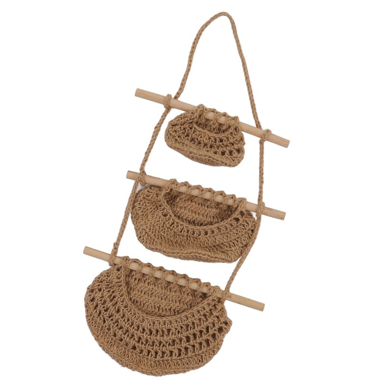 Hanging Fruit Basket 3 Tier Wall Mounted Handcraft Hemp Rope