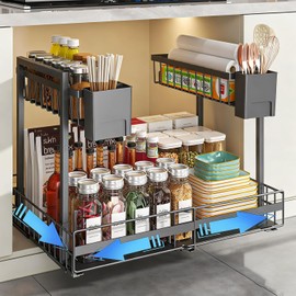 Extendable Telescopic Drawer, Kitchen Organiser for Sink and Kitchen Shelf, Metal Cupboard Basket, No Drilling, Adjustable Width 32.5-50 cm (Style C Black, Pack of 1)
