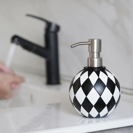 Black and White Soap Dispenser with Rust Proof Pump, Refillable Liquid Hand Lotion Bottle for Bathroom, Bedroom and Kitchen 16oz,Checkerboard Decor