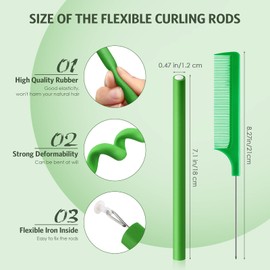 60 Pieces Flexi Rods Flexible Curling Rods Hair Curlers Rollers Twist Flexi Rods Hair Curlers Set No Heat Hair Rods Rollers Flexible Rods for Long Short Hair Women Girls (Green, 0.5 x 7 Inch)