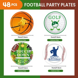 EVYIENEN 48Pcs Sports Birthday Paper Plates,7inch Disposable Sports Football Basketball Golf Baseball Paper Plates in 4 Designs for Kids Birthday Party Favors Decorations