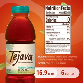 Tejava Pineapple Mango Black Tea, 6 Pack 16.9 oz PET, Unsweetened, Ready-to-Drink Premium Iced Tea