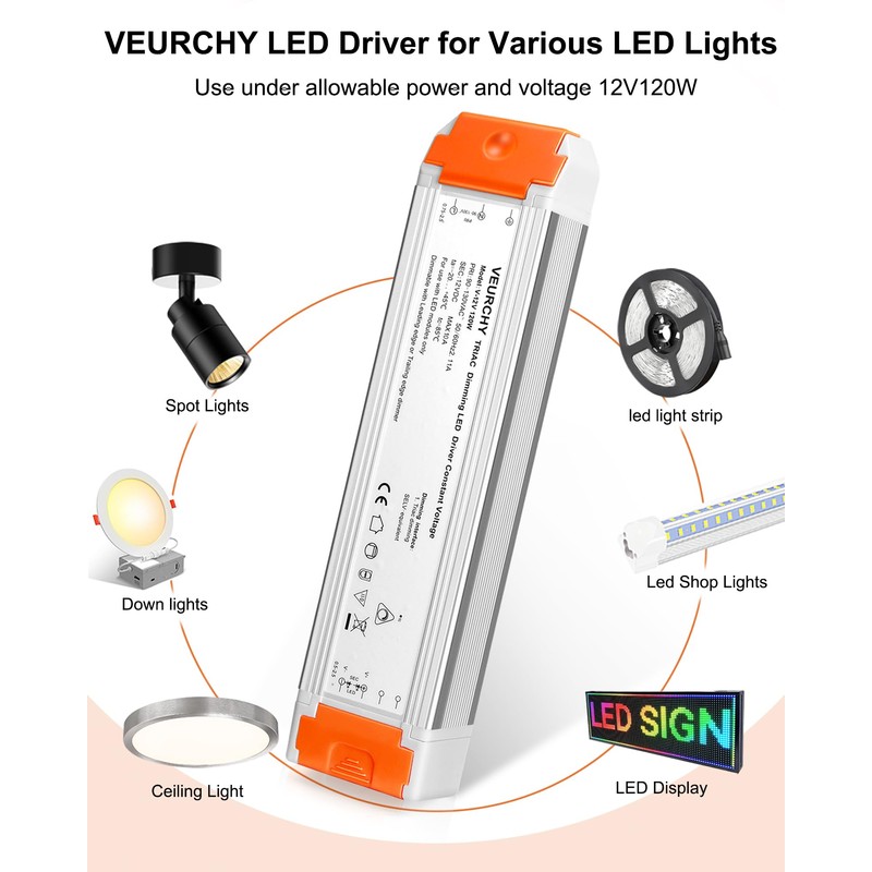 VEURCHY 120W 12v Dimmable LED Driver, Triac LED Dimmable Transformer