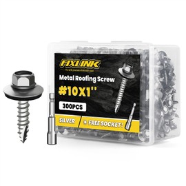 Metal Roofing Screws #10 × 1", 300 PCS, FIXLINK RUSPERT Hex Head Rubber Washer Sheet Metal Roof Screws Self Tapping Metal to Wood Siding Screws, Hex Socket Included, Silver