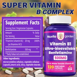 NuvitaGarden Vitamin B1 (Thiamine) 500 mg - 240 Vegetarian Caps ultra-bioavail
