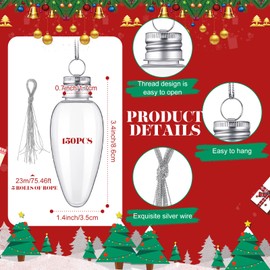 Nuogo 150 Pieces Fillable Light Bulbs Christmas Clear Plastic Light Bulb Jars with 5 Rolls Silver Rope for Kids Candy DIY Crafts Xmas Christmas Tree Hanging Ornaments Decoration