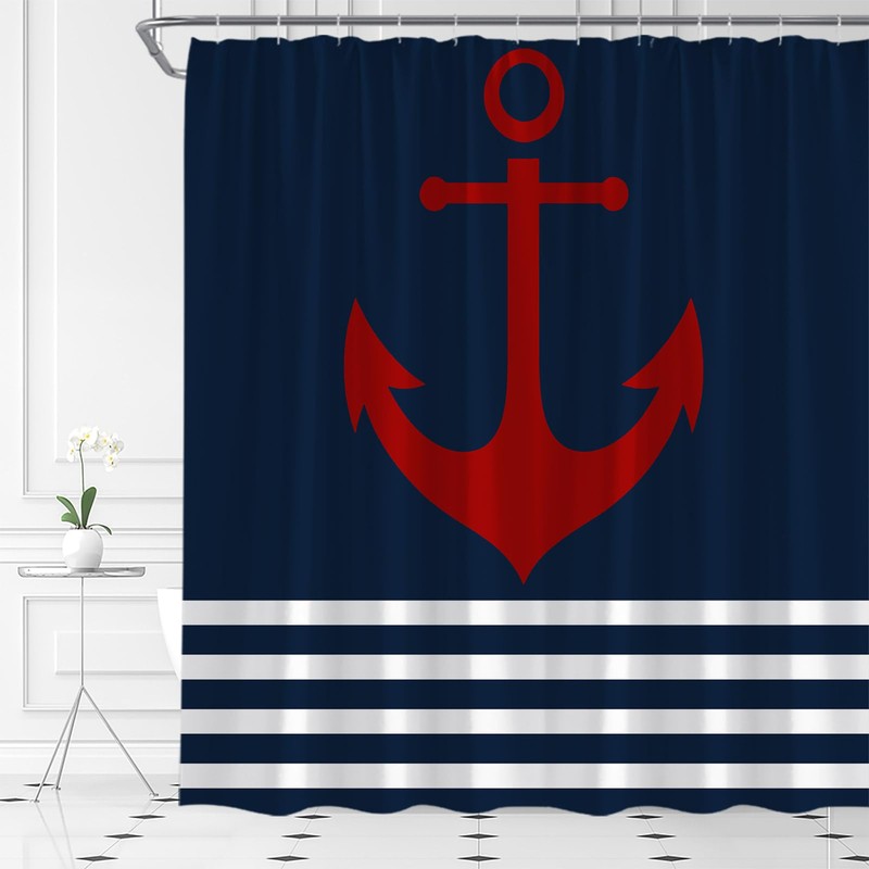 UEAUUN Navy Blue and White Striped Shower Curtain Anchor, 70x70