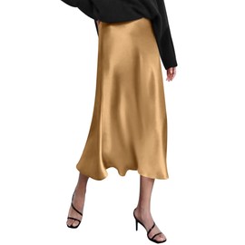 Zeagoo Womens Midi Skirt Satin High Waist Skirt Elegant Silk Skirts Khaki