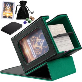 CardNovux Card Deck Box with Commander Display, Storage Box Holds 100+ Double Sleeved Cards, Game & Sports Case with 2 Dividers, 1 Top Loader and 1 Dice Bag (Green)
