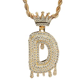 Initial Necklaces for Women Men 18k Gold Plated Crown Letter Pendant Necklace with Cubic Zirconia, Rope Chain Hip Hop Jewelry for Birthday, Brass, Cubic Zirconia