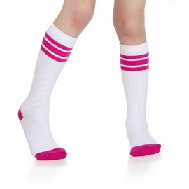 JuDanzy Calcetines altos hasta la rodilla para bebé, niños y niños con soporte para el arco, Blanco con púrpura y blanco con rosa intenso, 12-24 Meses
