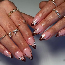 24Pcs Red Brown French Tip Press on Nails Medium Almond Halloween Fake Nails Nude Glossy False Nails with Ghost Flowers Design Glue on Nails Reusable Full Cover Stick on Nail for Women Manicure