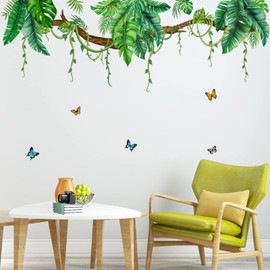 KHayRovies Tropical Palm Leaf Hanging Vine Wall Stickers Decor, Leaves Green Plant Butterfly Peel and Stick Wall Decal, Removable DIY Art Murals Applique Wallpaper for Bedroom Nursery Home Decoration