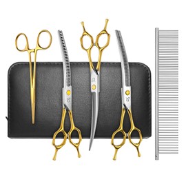 CITYWISH Dog Grooming Scissors,Curved Thinning Shears Dog Grooming with Safety Round Tips, Sharp and Comfortable 4 in 1 Dog Scissors for Grooming