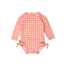 RuffleButts Baby Girls UPF 50+ Sun Protection Gingham Printed Long Sleeve One Piece Rash Guard Swimsuit with Zipper - Coral Gingham, 6-12m