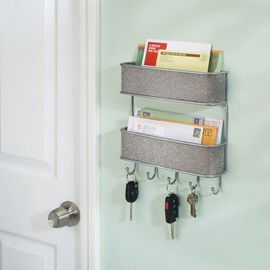 mDesign Key Rack with Shelf - Versatile Metal Key Rack with Plastic Mesh Accents - with 2 Letter Trays for Mail and Magazines - Silver