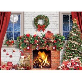Christmas Fireplace Backdrop Xmas Tree Gift Sock Fireplace White Brick Wall Winter Snow Photography Background Children's Christmas Fireplace Decoration Photography Studio Props 7x5FT