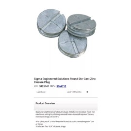 Sigma Zinc Die Cast  THREADED Closure PLUGS for Weatherproof Electrical Box 3/4"