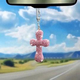 ZIMISI Bling Cross Car Hanging Accessories, Crystal Rhinestone Rearview Mirror Charm Pendant, Cross for Car Mirror Hanging Accessories, Cute Automotive Decoration Ornament for Women (Pink)