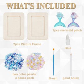 WEBEEDY 2 Sets DIY Mermaid Picture Frames Kit Make Your Own Fun Photo Frame,7.5"x5.5" Standing Wooden Photo Frames for Crafts Making Kit DIY Mermaid Pearl Crafts Gift Desktop Christmas Wall Decor