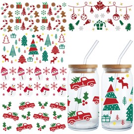 Christmas UV DTF Cup Wraps - 5PCS Red Green Snowman Gingerbread Man Xmas Tree Uvdtf Decal for 16 oz Glass Water Bottle, Hello Winter Cute Snowflake Elk Car Transfer Sticker for DIY Guitar Laptop Phone
