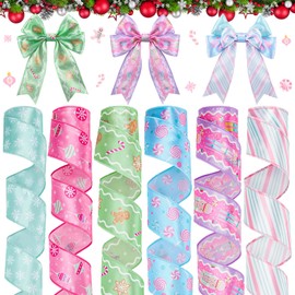 Riceshoot 6 Roll 30 Yards Christmas Ribbon Wired 1.97 Inch Gingerbread Nutcracker Snowflake Candy Ribbon Christmas Glitter Macaron Decor Pastel Striped Gift Wrapping for Xmas Tree DIY Craft Bow Wreath